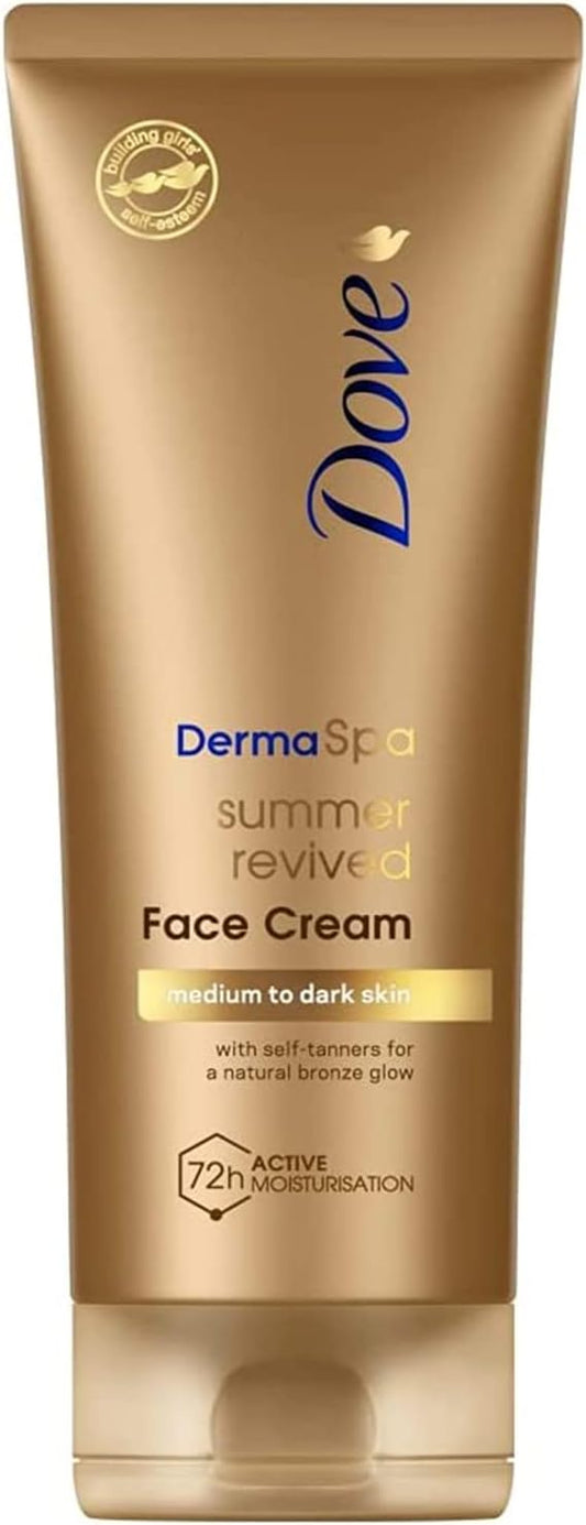 Dove Unilever DermaSpa Body Lotion Summer Revived Self-Tanning Medium to Dark, 200ml with Dove Derma Spa Face Cream Summer Revived Medium to Dark, 75ml, 2 Piece Set