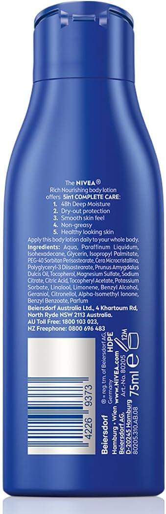 NIVEA Rich Nourishing Body Lotion (250ml), Rich 72H Hydration Moisturiser for Dry Skin Made with Deep Moisture Serum and Almond Oil, Intensive Hydration Body Lotion