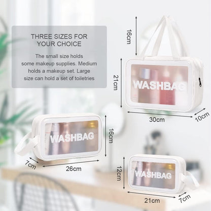 Aucuu 3PCS Clear Toiletry Bag, Wash Bag, Clear PU Makeup Bags, Waterproof Toiletry Travel Bags with Zipper Handle, Portable Airport Cosmetic B-ag for Travel Bathroom Men Women (White)