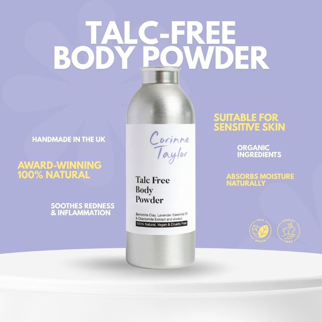 Corinne Taylor Organic Talc-Free Body Powder with Lavender &amp; Chamomile – Natural Dusting Powder for Anti-Sweat, Anti-Chafing &amp; Sensitive Skin – Gentle Absorbent Powder 85g