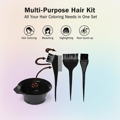 Hair Dye Set Colouring Tint Tool Brush Kit and Bleach Mixing Bowl Set Double sided Coloring Comb and Hair Dyeing Applicator - Professional Hairdressing &amp; Highlighting Kit (Set of 4-Black)