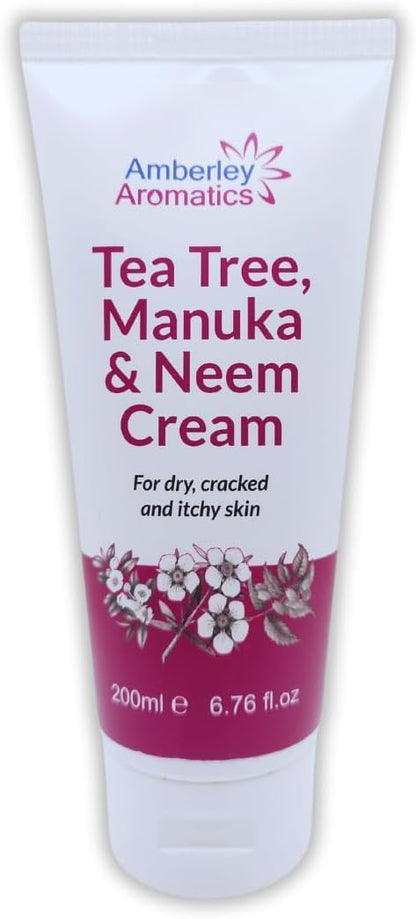 Tea Tree, Manuka &amp; Neem Cream (200ml) -Antibacterial, Anti-fungal, Antiseptic, Anti-Itch, Dry, Chapped &amp; Cracked Skin, Eczema, Psoriasis, Jock Itch, Fungal infections. Fast Effective Relief