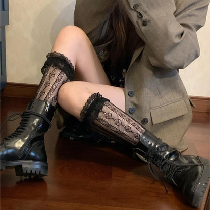 2 Pairs Knee High Lace Ruffle Socks for Women - Cute Frilly Stockings for Lolita, Sheer Fishnet Patterned Tube Socks for Ladies and Girls