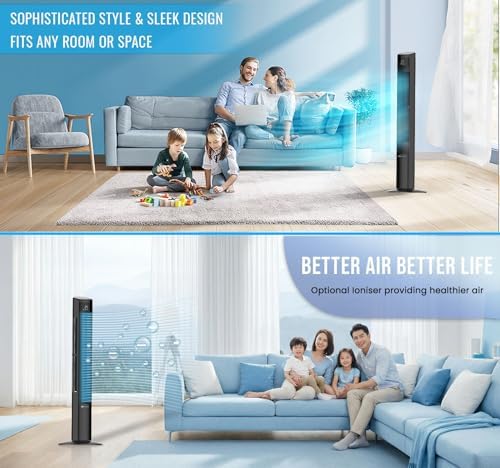 PureMate 47-Inch Tower Fan with Air Purifier, DC Motor Oscillating Electric Fan 28W,12 Speeds, LED Display, 4 Modes, 12H Timer, Quiet Standing Bladeless Fan for Large Bedroom, Home Office (Black)