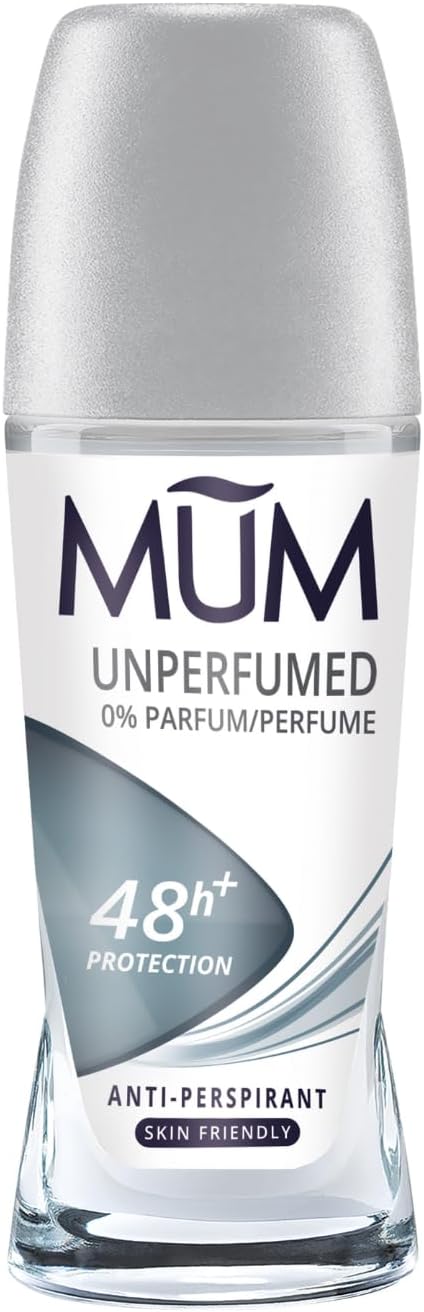 Mum Unperfumed Roll On Deodorant, 48 Hours Plus Protection, Alcohol Free Womens Mens Deodorant, Anti-Perspirant, Vegan, Sustainable Glass Bottle, Fragrance Free, 50 ml, Pack of 6