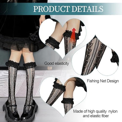 2 Pairs Knee High Lace Ruffle Socks for Women - Cute Frilly Stockings for Lolita, Sheer Fishnet Patterned Tube Socks for Ladies and Girls