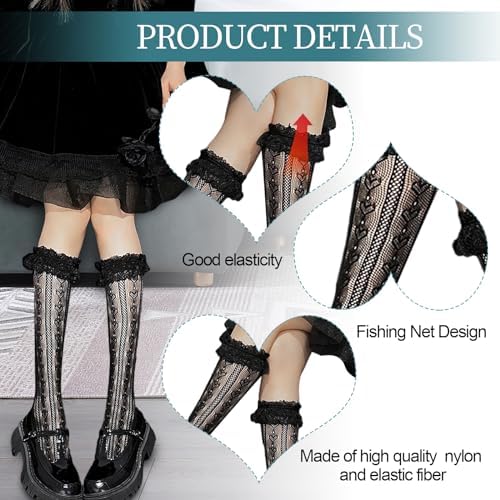 2 Pairs Knee High Lace Ruffle Socks for Women - Cute Frilly Stockings for Lolita, Sheer Fishnet Patterned Tube Socks for Ladies and Girls