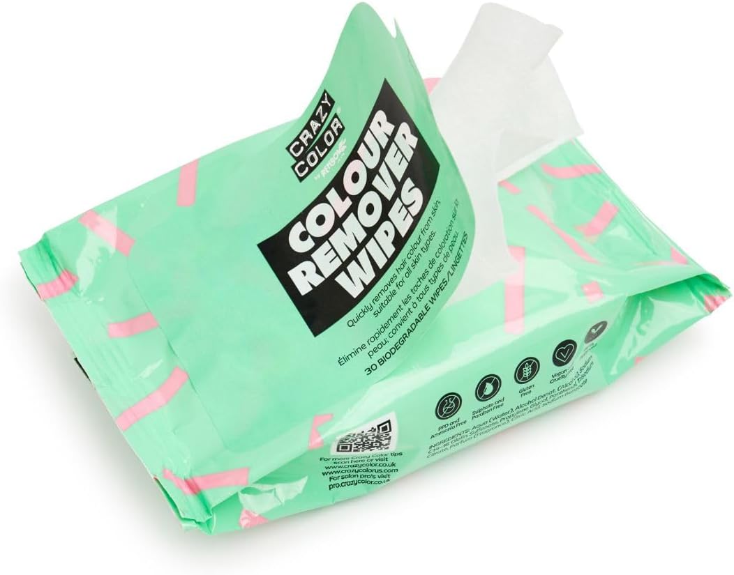 Crazy Color Hair Dye Remover Wipes. Remove hair dye from face. 30 Pack of Biodegradable Wipes.