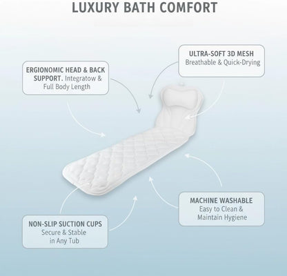 Full Body Bath Pillow Mat &amp; Non-slip Cushion, Bathtub Pillow with 5D Air Mesh and 16 Powerful Suction Cups, Ergonomic Design Support Head and Neck Back for Home Hot Tub Relaxing Spa Fits All Bathtub