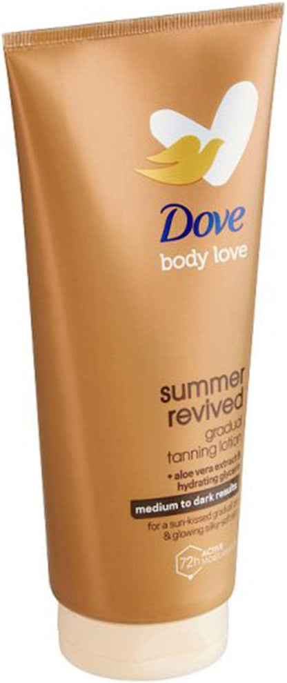 Dove Derma Spa Summer Revived Medium to Dark Skin Body Lotion, Tanning Moisturiser, Gradual Tan Moisturiser, Skinny, Self, Face with Aloe Vera Extract and Hydrating Glycerin (Pack of 2)