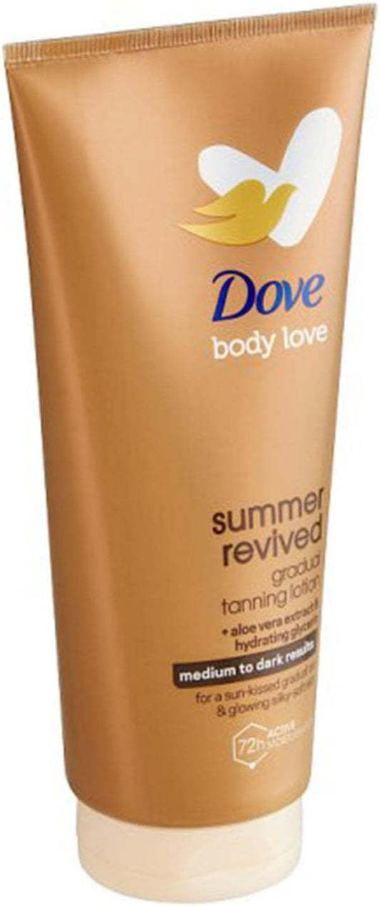 Dove Derma Spa Summer Revived Medium to Dark Skin Body Lotion, Tanning Moisturiser, Gradual Tan Moisturiser, Skinny, Self, Face with Aloe Vera Extract and Hydrating Glycerin (Pack of 2)