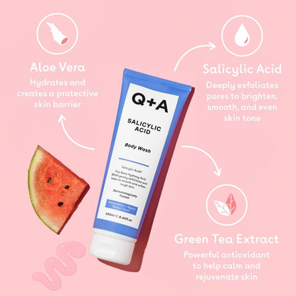 Q+A Salicylic Acid Body Wash (250ml), Sensitive Shower Gel, Body Care, Shower Gel with Green Tea Extract and BHA, Gently Exfoliates, Smoothes, and Softens the skin