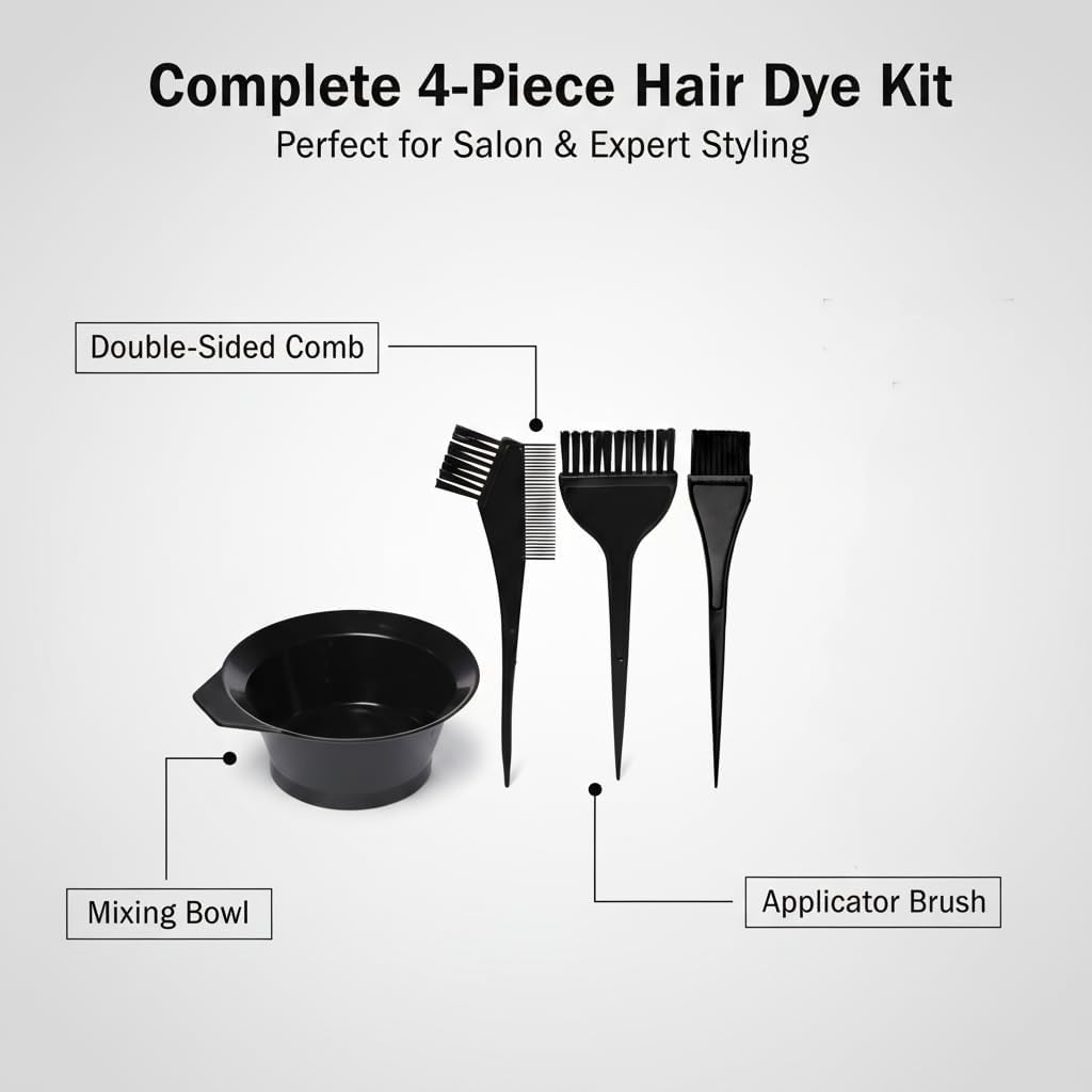 Hair Dye Set Colouring Tint Tool Brush Kit and Bleach Mixing Bowl Set Double sided Coloring Comb and Hair Dyeing Applicator - Professional Hairdressing &amp; Highlighting Kit (Set of 4-Black)