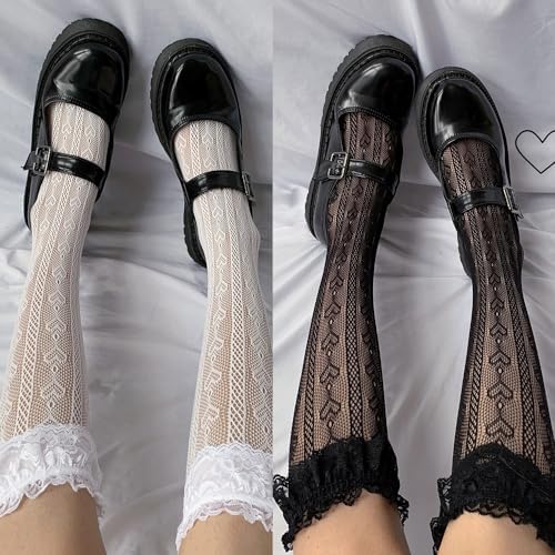 2 Pairs Knee High Lace Ruffle Socks for Women - Cute Frilly Stockings for Lolita, Sheer Fishnet Patterned Tube Socks for Ladies and Girls