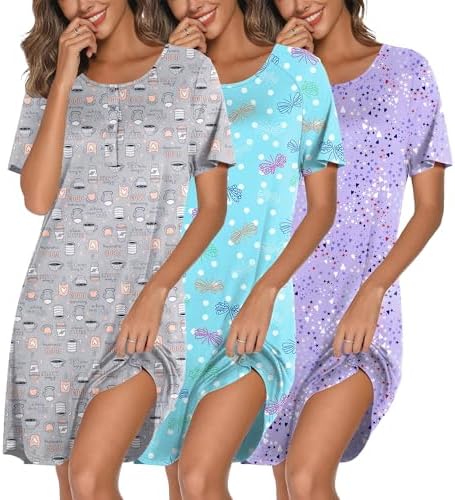 Ekouaer 3 Pack Nighties for Women Nightdress Ladies Nighty Button Nightwear Stripe Nightshirts Maternity Loungewear Short Sleeve Nightgowns S-XXXL