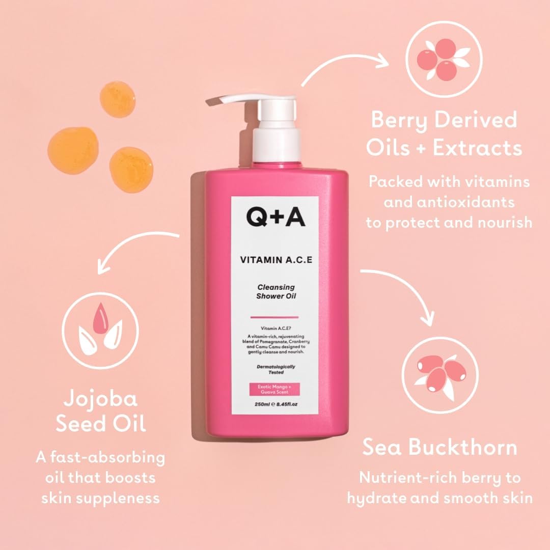 Q+A Vitamin A.C.E Cleansing Shower Oil (250ml), Cleansing Oil Shower Gel Alternative, Body Care, Hydrating Body Wash with Berry &amp; Sea Buckthorn Oils, Tropical Mango &amp; Guava Scent, Moisturises, Soothes