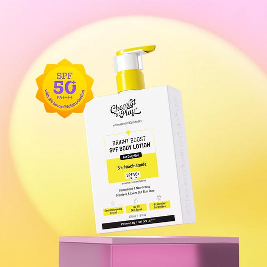 Chemist at Play Bright Boost SPF Body Lotion With 5% Niacinamide &amp; SPF 50+ PA++++ 24 hours Moisturization Lightweight &amp; Non-Greasy Formula 236ml
