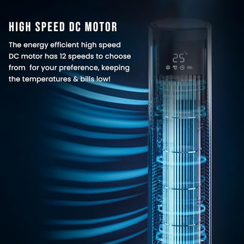 PureMate 47-Inch Tower Fan with Air Purifier, DC Motor Oscillating Electric Fan 28W,12 Speeds, LED Display, 4 Modes, 12H Timer, Quiet Standing Bladeless Fan for Large Bedroom, Home Office (Black)