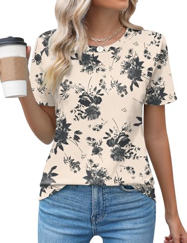 Rapbin Womens Casual Short Sleeve T-Shirts Crew Neck Pleated Tops Fashion Dressy Tunic Blouses