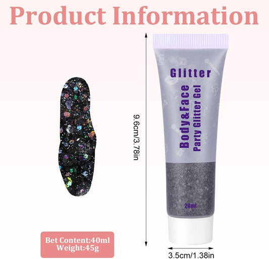 Body Glitter Gel, 20ml Holographic Mermaid Sequins Chunky Cosmetic Face and Body Gel, Sparkling Festival Party Lotion for Face, Eye, Hair, Nail DIY Art (Black)