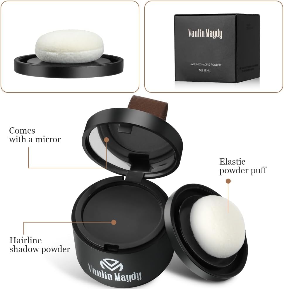 Instantly Hairline Powder - Hair Root Touch Up Concealer, Windproof &amp; Sweatproof With Mirror and Puff (Natural Black)