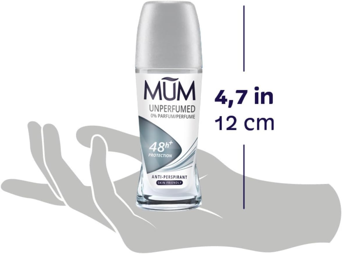 Mum Unperfumed Roll On Deodorant, 48 Hours Plus Protection, Alcohol Free Womens Mens Deodorant, Anti-Perspirant, Vegan, Sustainable Glass Bottle, Fragrance Free, 50 ml, Pack of 6