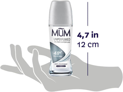 Mum Unperfumed Roll On Deodorant, 48 Hours Plus Protection, Alcohol Free Womens Mens Deodorant, Anti-Perspirant, Vegan, Sustainable Glass Bottle, Fragrance Free, 50 ml, Pack of 6
