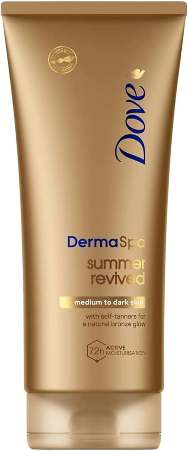 Dove Unilever DermaSpa Body Lotion Summer Revived Self-Tanning Medium to Dark, 200ml with Dove Derma Spa Face Cream Summer Revived Medium to Dark, 75ml, 2 Piece Set