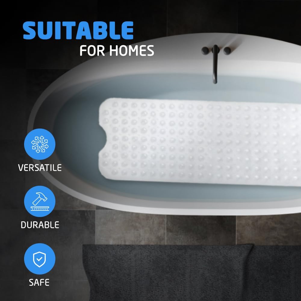Non-Slip Shower Bath Mat, 100x40cm Long Anti Mould &amp; Mildew Shower Mat, Powerful Suction Cups Grips, BPA, Latex Free, Resistant, Safe, Durable &amp; Comfortable for Bathroom Tubs- Clear (CLEAR)