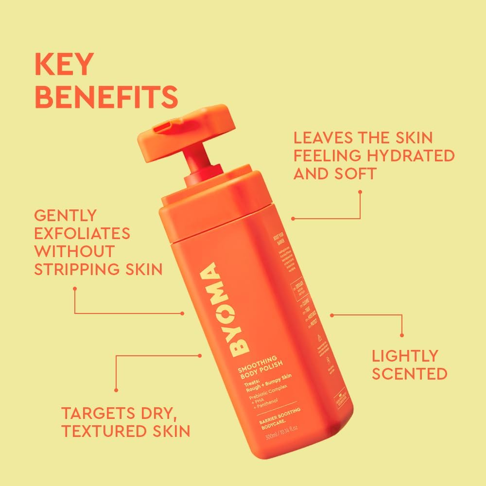 BYOMA Smoothing Body Polish (300ml) For Breakouts and Textured Skin - Exfoliating Body Scrub with PHA and Panthenol - Restores Skin Barrier and Soothes Inflammation