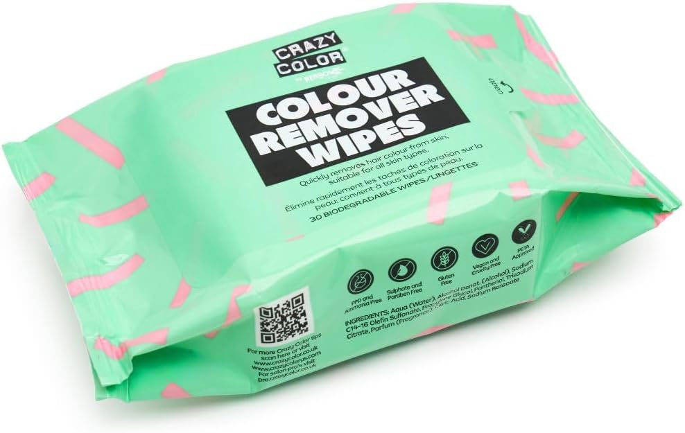Crazy Color Hair Dye Remover Wipes. Remove hair dye from face. 30 Pack of Biodegradable Wipes.