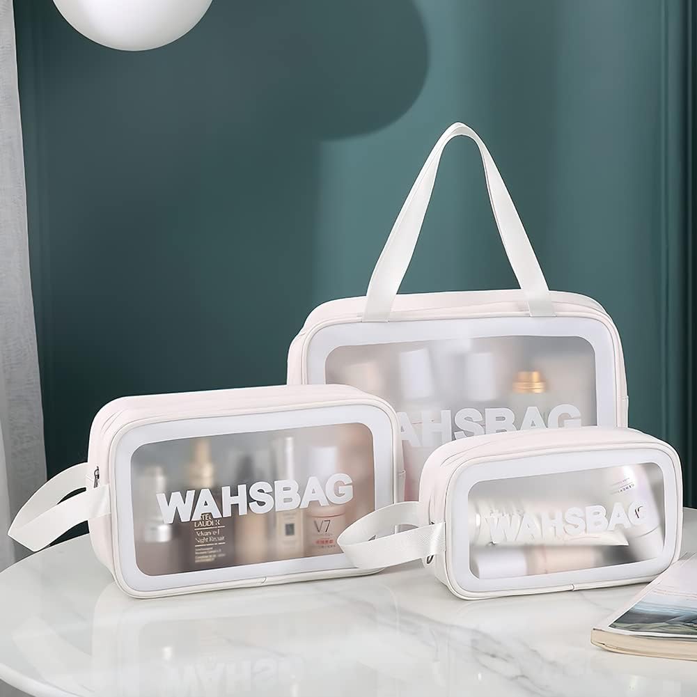Aucuu 3PCS Clear Toiletry Bag, Wash Bag, Clear PU Makeup Bags, Waterproof Toiletry Travel Bags with Zipper Handle, Portable Airport Cosmetic B-ag for Travel Bathroom Men Women (White)