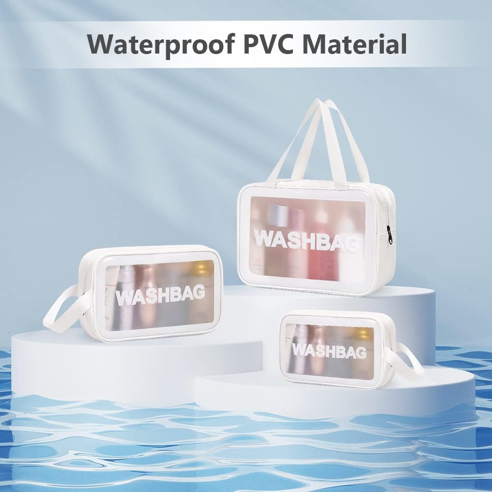 Aucuu 3PCS Clear Toiletry Bag, Wash Bag, Clear PU Makeup Bags, Waterproof Toiletry Travel Bags with Zipper Handle, Portable Airport Cosmetic B-ag for Travel Bathroom Men Women (White)