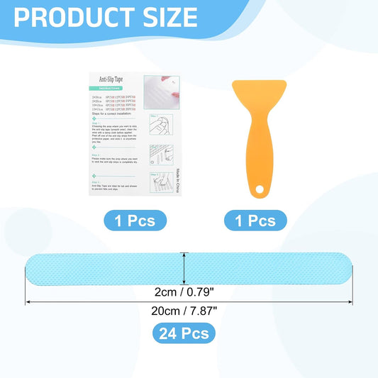 sourcing map 24Pcs Non-Slip Bathtub Stickers, 20x2 cm Strip Shape Shower Floor Non Slip Stickers with Scraper for Bathroom Shower Stairs Ladders, Blue