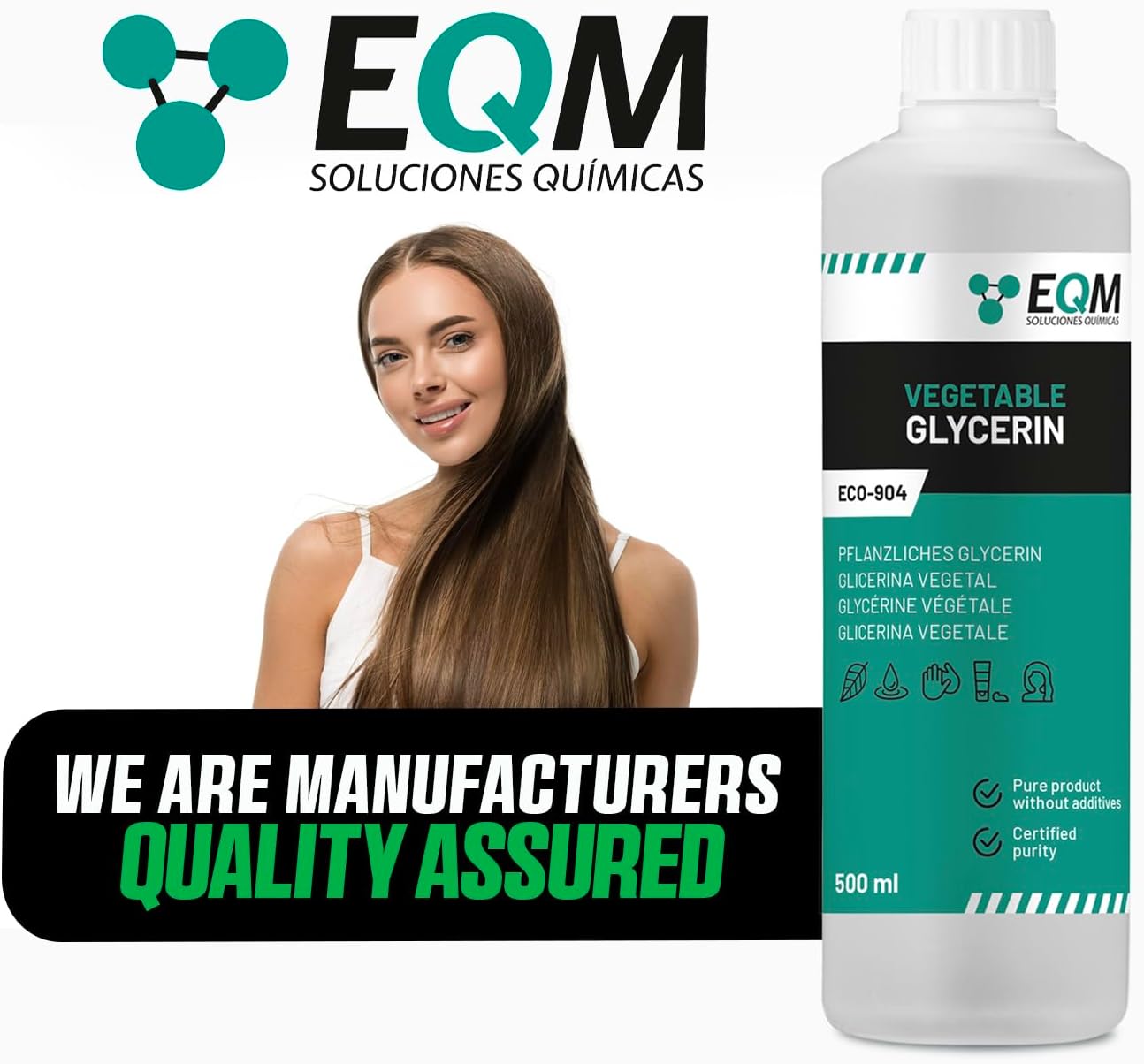 EQM - ECO-904 - Liquid Vegetable Glycerin - 100% Pure &amp; Natural - 500 ml - Pharmaceutical Grade - Natural Moisturizer for Hair and Skin - Ideal for Soaps, Shampoos, Creams, etc