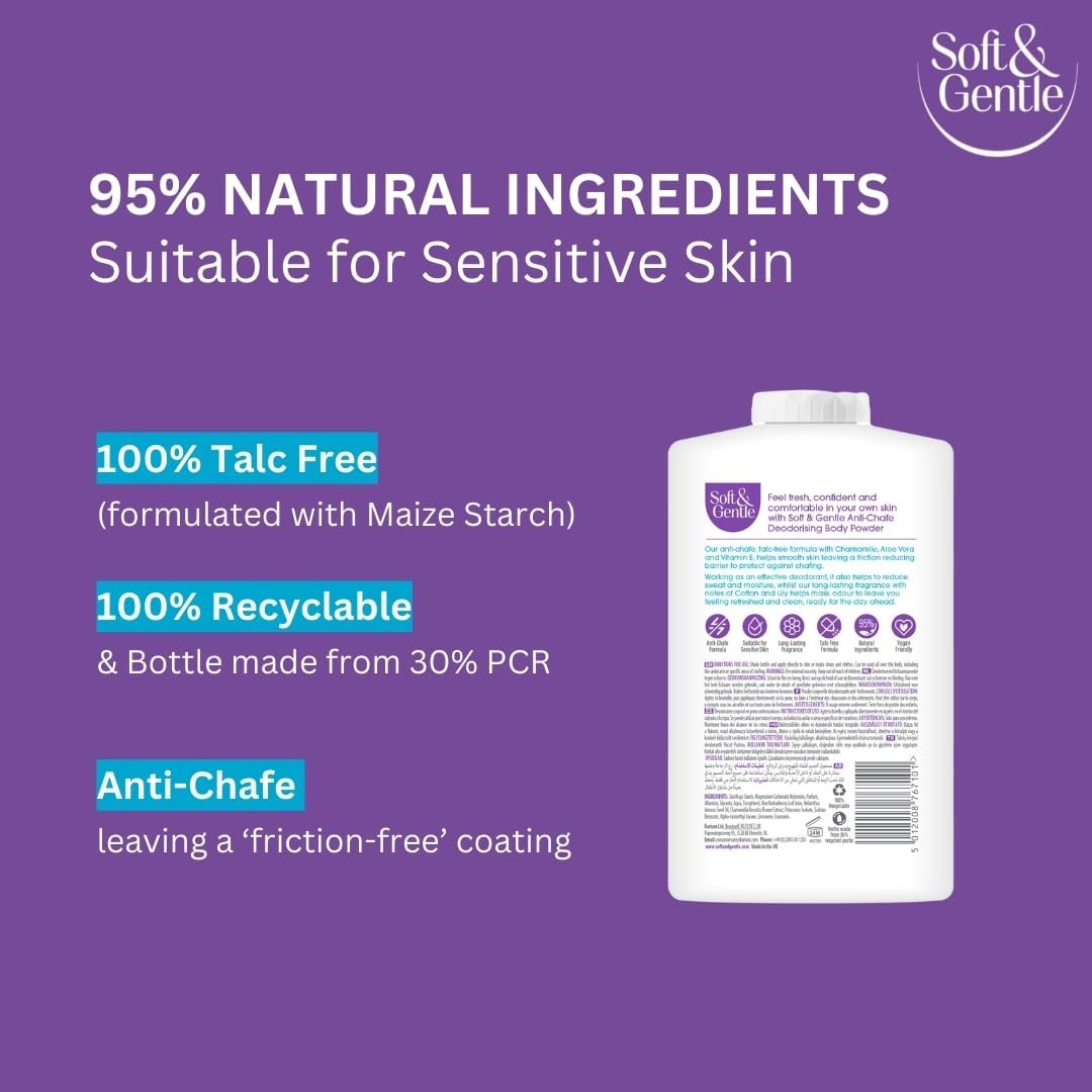 SOFT &amp; GENTLE Fresh Cotton Talc Free Cotton Body Powder 250g, Deodorising Personal Hygiene Against Moisture, Friction &amp; Odour, Prevent Smudging After Self-Tanning &amp; Facial Makeup, Baby Powder