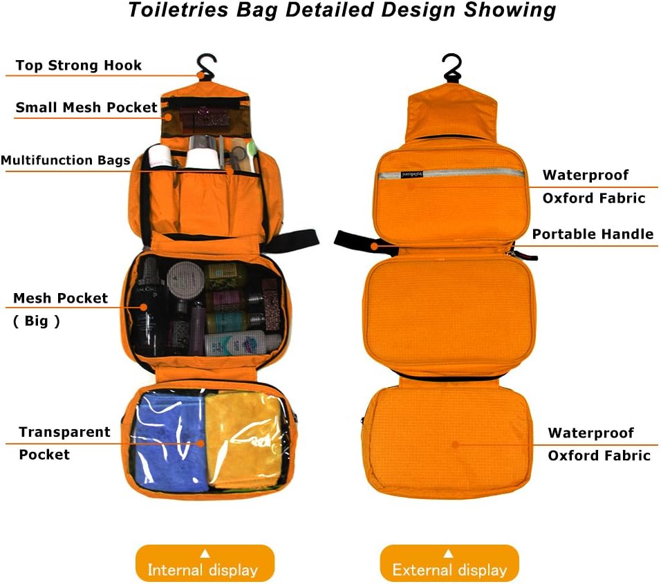 jiemei Hanging Toiletry Bag Waterproof, Travel Wash Bag for Men &amp; Women with 4 Compartments, Foldable Compact Size, Super Durable Fabric