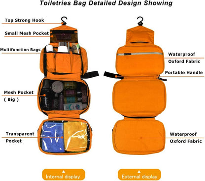 jiemei Hanging Toiletry Bag Waterproof, Travel Wash Bag for Men &amp; Women with 4 Compartments, Foldable Compact Size, Super Durable Fabric