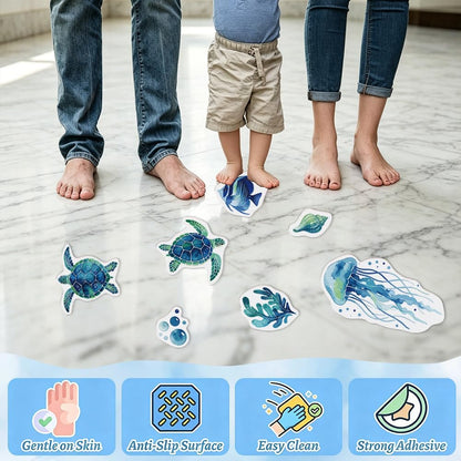 28Pcs 28 Style Large Bathtub Stickers Blue Ocean Theme Design, Shower Floor Anti Slip Decals Sea Turtle Jellyfish Fish Self Adhesive Safety Grips with Scraper for Tub Tiles Bathroom Decor