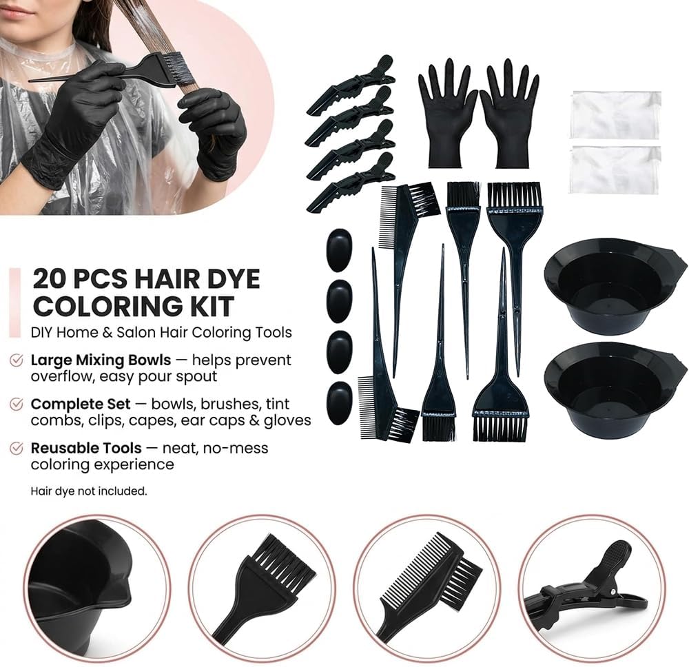 20Pcs Hair Colouring Kit, with Hair Dye Bowl and Brush Kit and Accessories, Reusable Tools for DIY and Salon Use