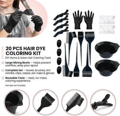 20Pcs Hair Colouring Kit, with Hair Dye Bowl and Brush Kit and Accessories, Reusable Tools for DIY and Salon Use