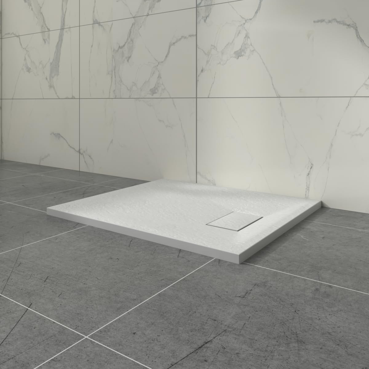 Aquariss White Rectangular Shower Tray 900x700mm with Waste | Slate Effect, SMC Slip-Resistant Shower Base, for Bathroom Shower Enclosures Wet Room, Easy Installation, Ultra-Low Profile