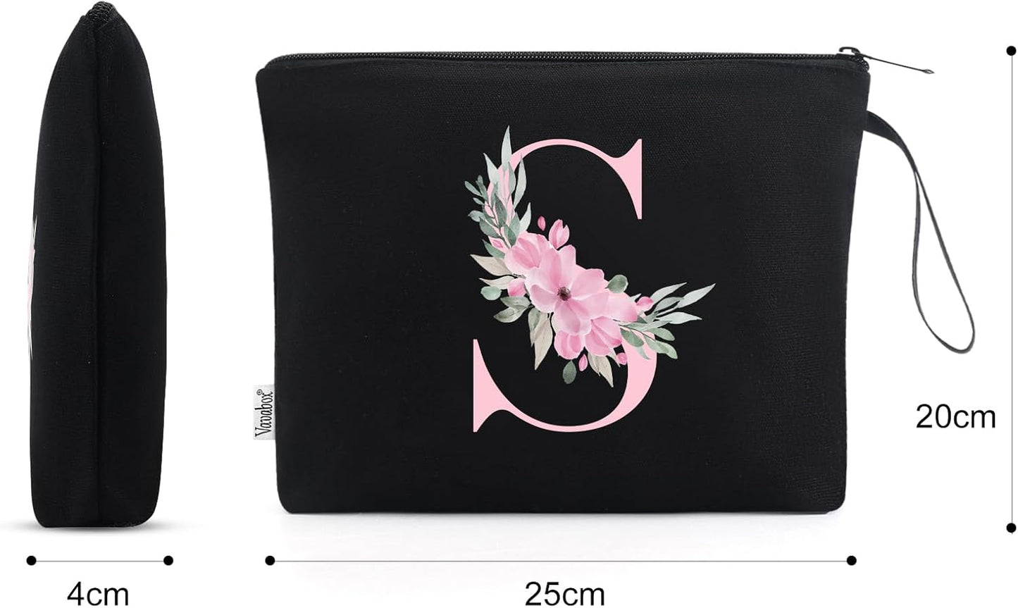 Vavabox A-Z Personalized Initial Makeup Bag, Birthday Gifts for Women Unique,Bride Bridesmaid Gift Cosmetic Bags (S, Black)