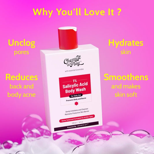 Chemist at Play 1% Salicylic Acid Body Wash | Clears Bacne &amp; Body Acne | Exfoliating Body Wash for Back, Chest &amp; Bum Acne | Softens Skin | Sulphate Free | For Men &amp; Women | 236ml