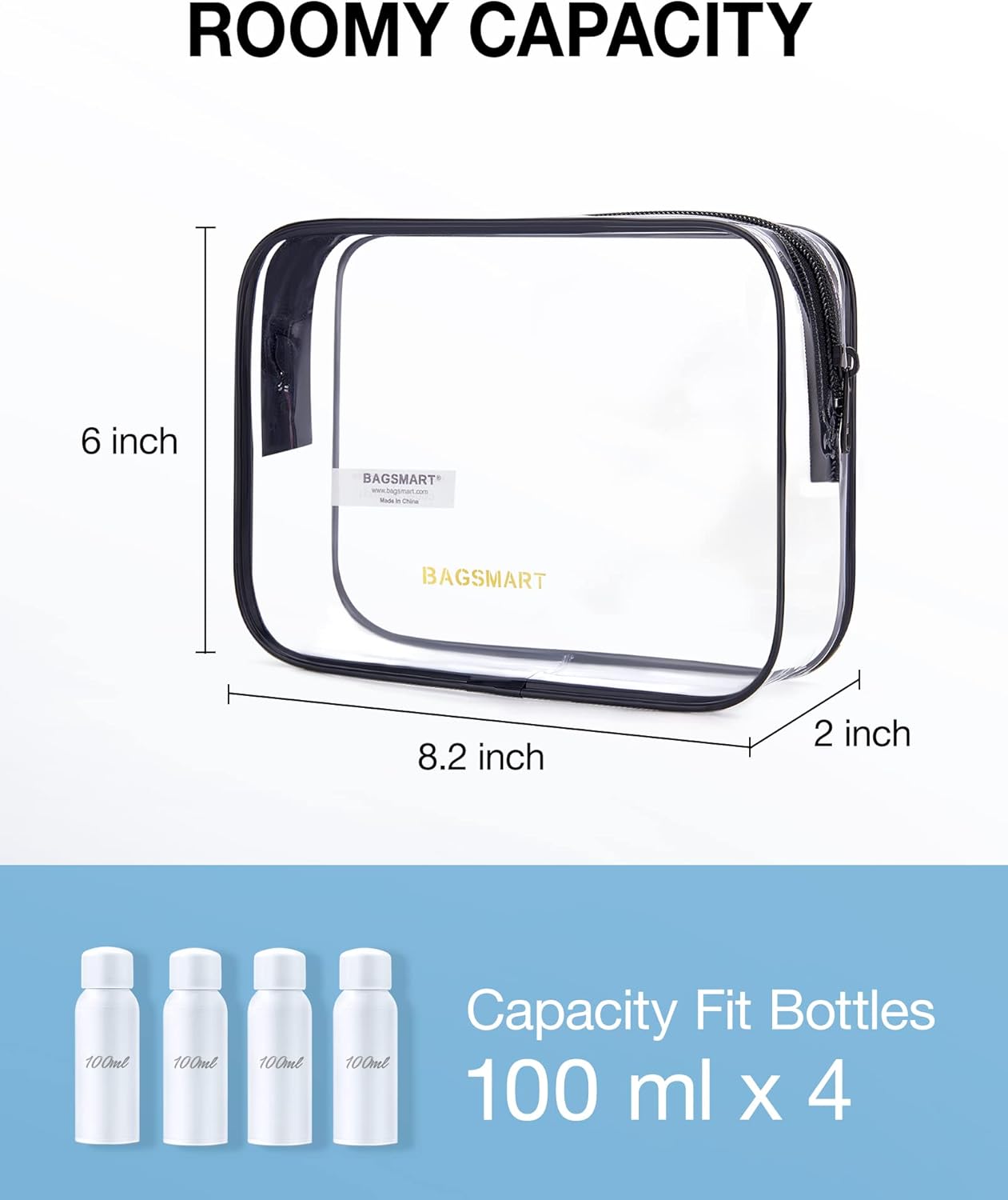 BAGSMART Clear Toiletry Bag, 2 Packs Waterproof Travel Makeup Cosmetic Organiser TSA Approved Airport Security Liquids Bags,Travel Essential for Toiletries, Black
