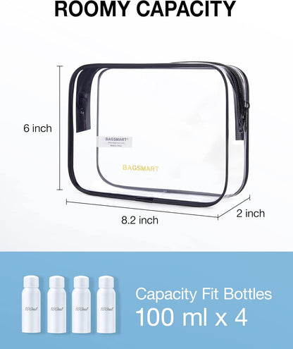 BAGSMART Clear Toiletry Bag, 2 Packs Waterproof Travel Makeup Cosmetic Organiser TSA Approved Airport Security Liquids Bags,Travel Essential for Toiletries, Black