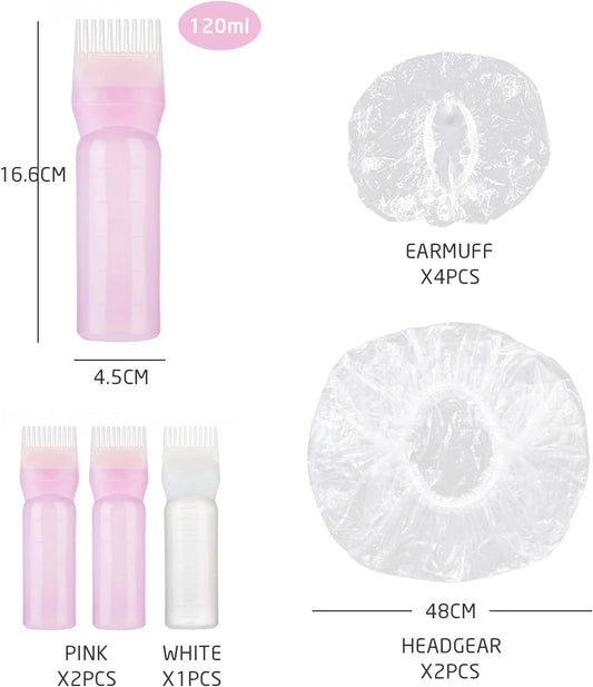 3 pieces of hair dye comb bottles, with 2 shower caps and pairs waterproof earmuffs, plastic squeeze, root applicator, hairdressing tools scale (120ml), Pink, White, RFP1