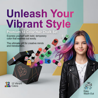12 Colours Hair Chalk for Girls, Temporary Hair Dye for Kids, Washable Hair Colour Set with Glitter, Perfect Teenage Girls Gifts for Birthday Party Christmas Cosplay &amp; Festivals