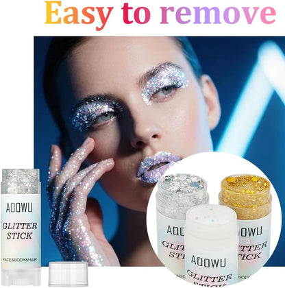 AOOWU Body Glitter Stick,Sparkling Chunky Glitter Gel for Face Body Hair, Holographic Sequins Waterproof &amp; Long Lasting Festival Makeup, Carnival Festival Party Cosplay Accessories,Silver