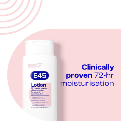 E45 Moisturising Lotion 200 ml, Daily Body Moisturiser for Dry &amp; Sensitive Skin, Long-Lasting Hydration to Soothe, Protect &amp; Restore Softness